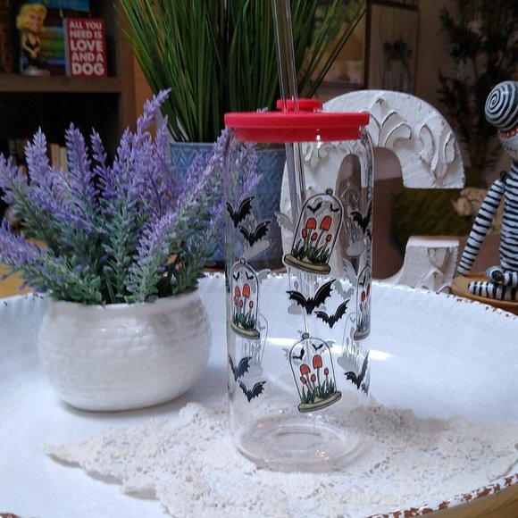 bats and mushrooms 20 oz can glass w/ 17oz frosted mug set - Picture 1 of 3